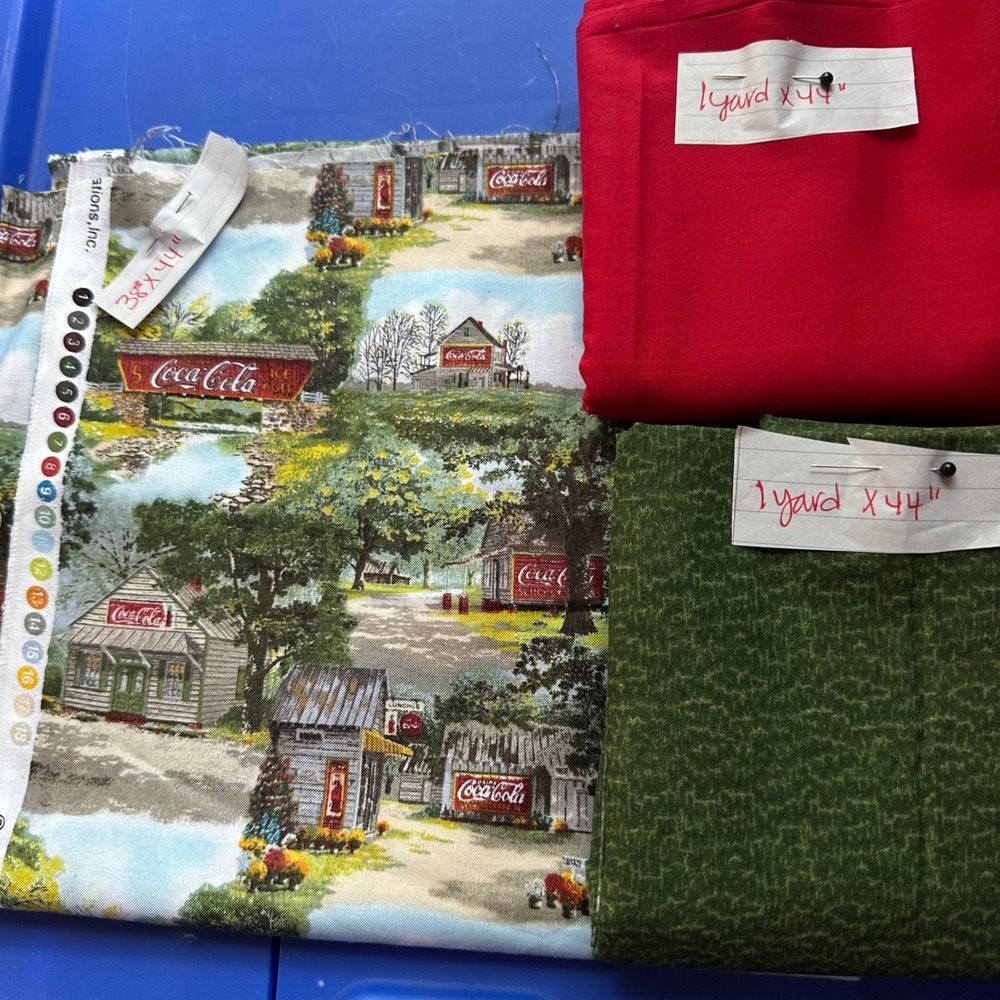 Coca-Cola Fabric Bundle Jim Harrison Scenic Print Red Green Cotton 3.05 Yards